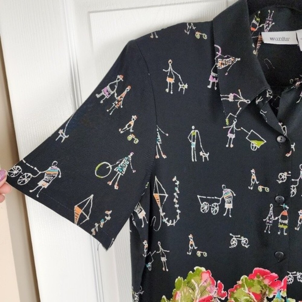 Vintage Units 80s 90s Rayon Blouse Abstract Art To Wear Shirt Shoulder Pads M - Picture 9 of 14